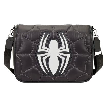 Black bag with a white spider emblem on a white background