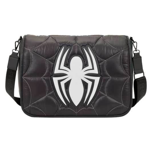 Black bag with a white spider emblem on a white background