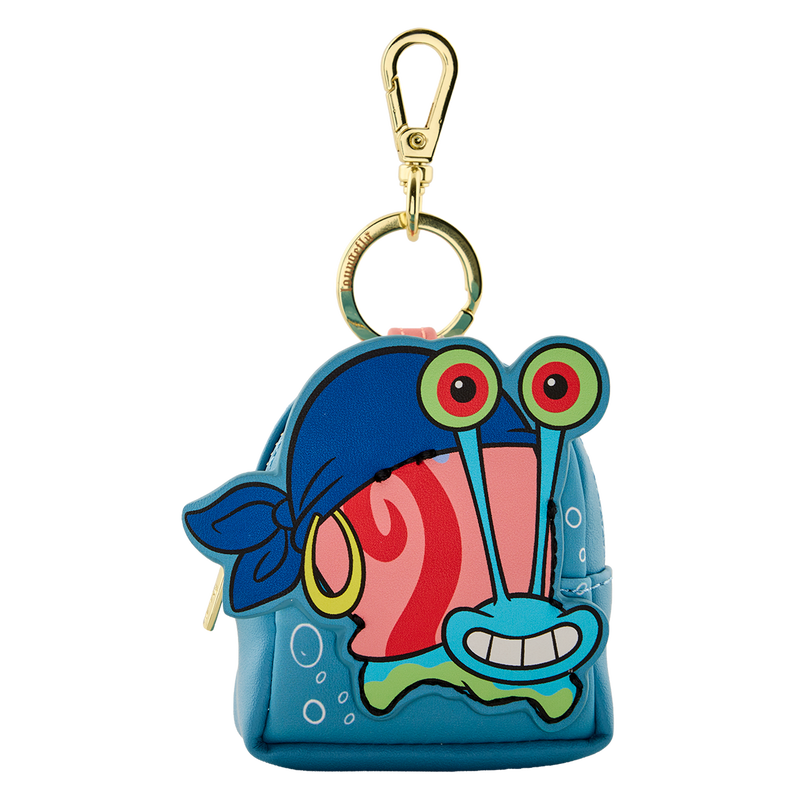 Colorful cartoon character keychain with a blue face and red mouth on a white background
