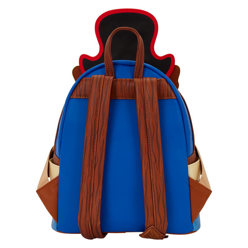 Blue backpack with brown straps on a white background