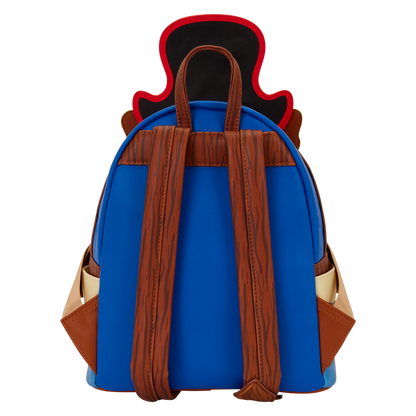 Blue backpack with brown straps on a white background