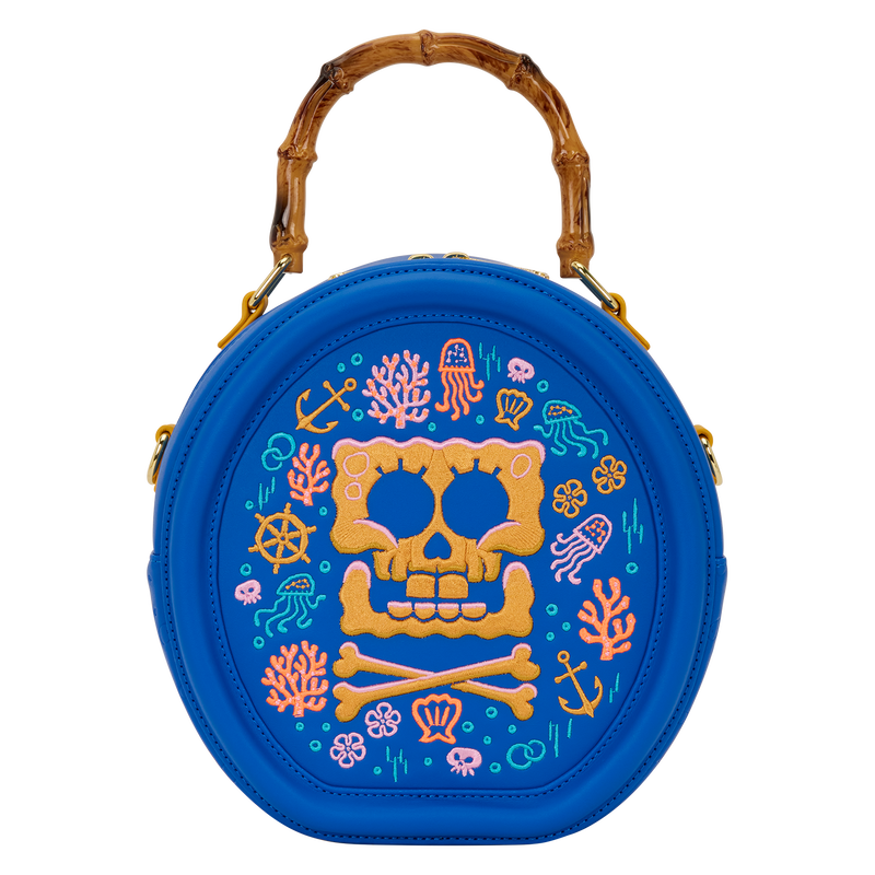 Blue round bag with a skull design and decorative elements on a white background