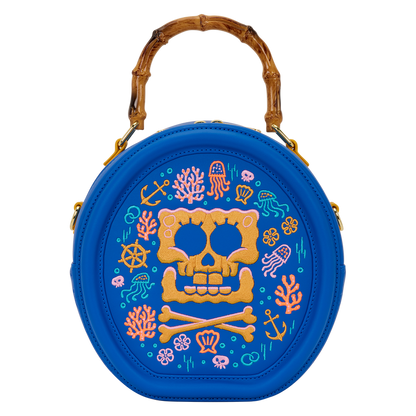 Blue round bag with a skull design and decorative elements on a white background