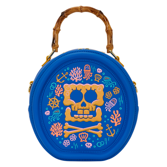 Blue round bag with a skull design and decorative elements on a white background