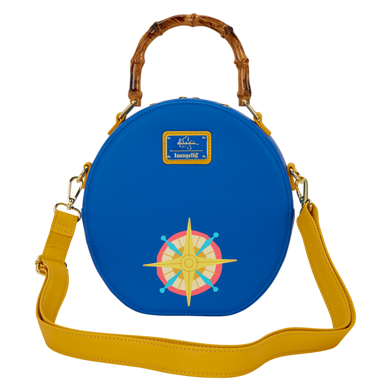 Blue round bag with a compass design and bamboo handle on a white background