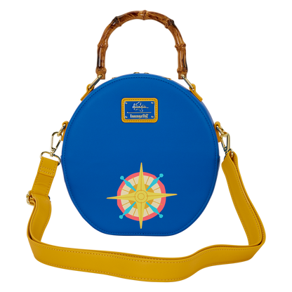 Blue round bag with a compass design and bamboo handle on a white background