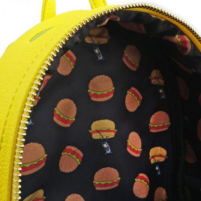 Yellow backpack with a black interior featuring hamburger patterns.