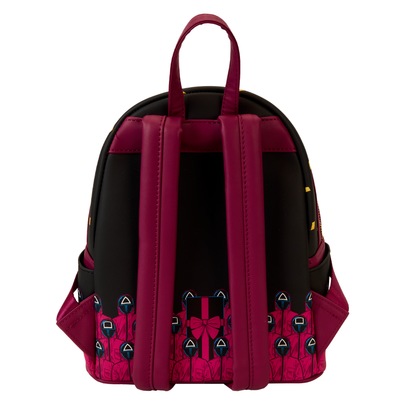 Backpack with pink and black design on a white background