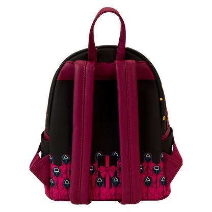 Backpack with pink and black design on a white background