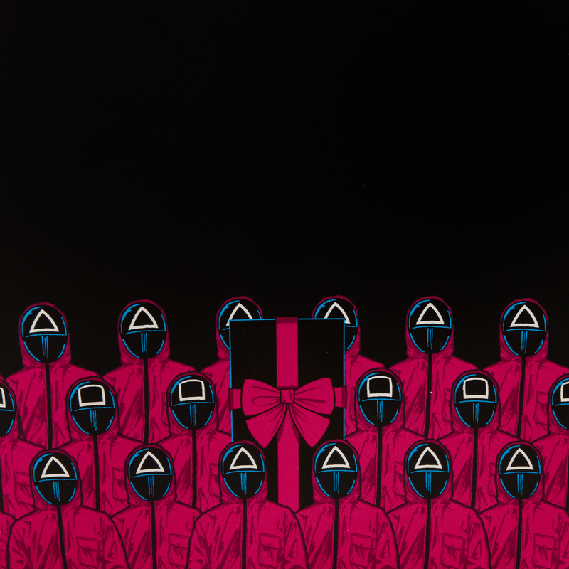 Multiple figures in pink outfits with a bow tie on a black background