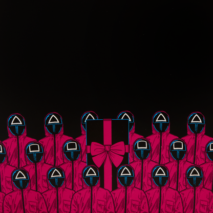 Multiple figures in pink outfits with a bow tie on a black background