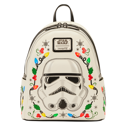 Backpack with Stormtrooper design and Christmas lights on a white background