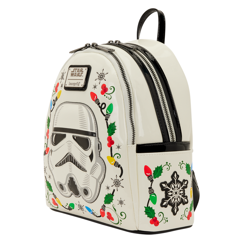 Backpack with Stormtrooper design and holiday decorations on a white background
