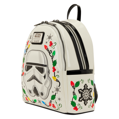 Backpack with Stormtrooper design and holiday decorations on a white background