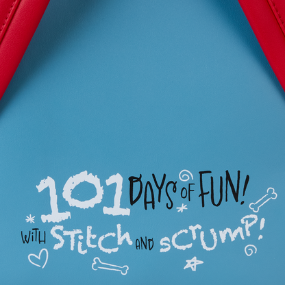 Text '101 Days of Fun with Stitch and Scrumptious' on a blue background with red border