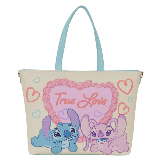 Tote bag with cartoon characters and 'True Love' text on a white background