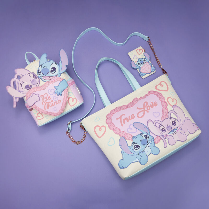 Cartoon character-themed pouch and keychain on a purple background