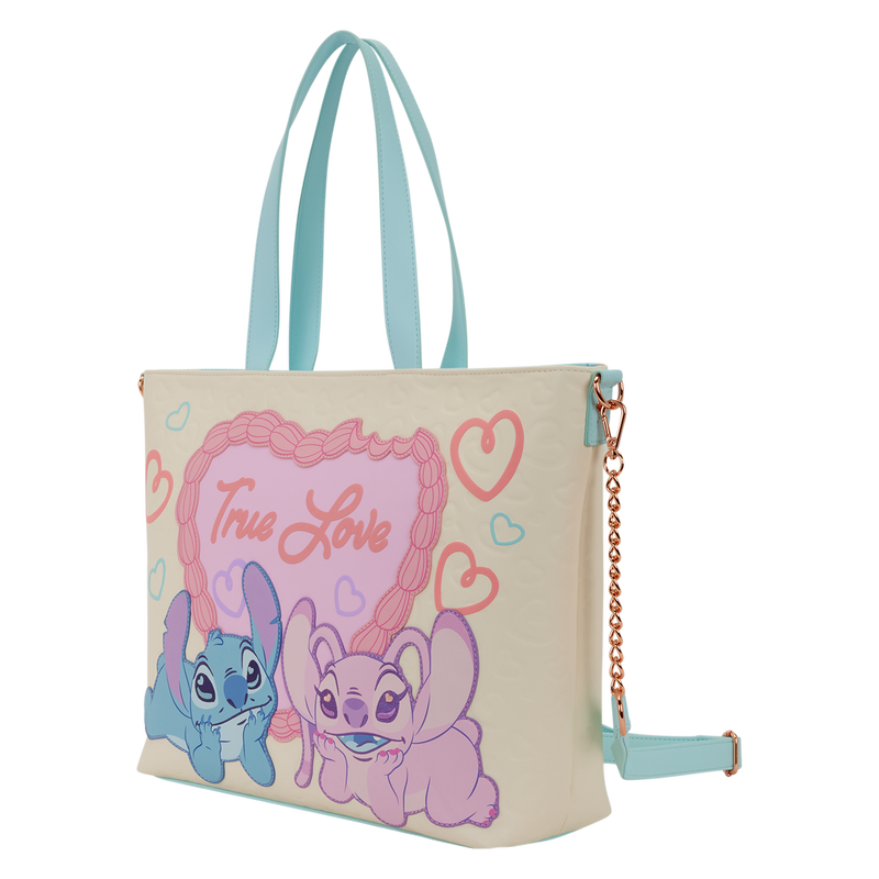 Handbag with cartoon characters and 'True Love' text on a white background
