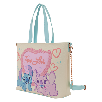 Handbag with cartoon characters and 'True Love' text on a white background