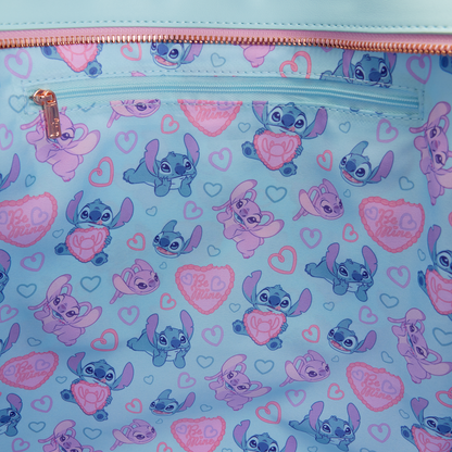 Pouch with cartoon character pattern on a light blue background