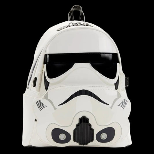 Backpack designed like a stormtrooper helmet from Star Wars on a white background