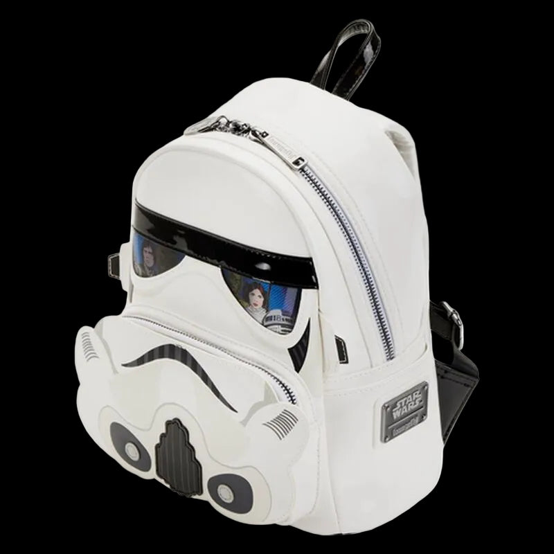 White stormtrooper backpack with helmet design on a white background