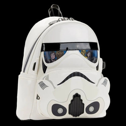 Backpack designed like a stormtrooper helmet from Star Wars on a white background