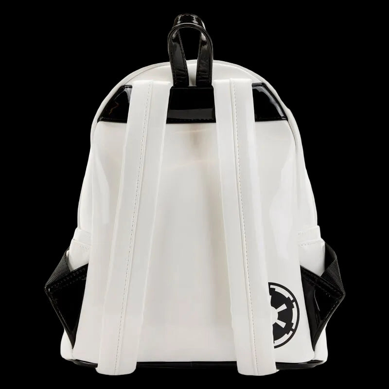 White backpack with black accents and a logo on a white background