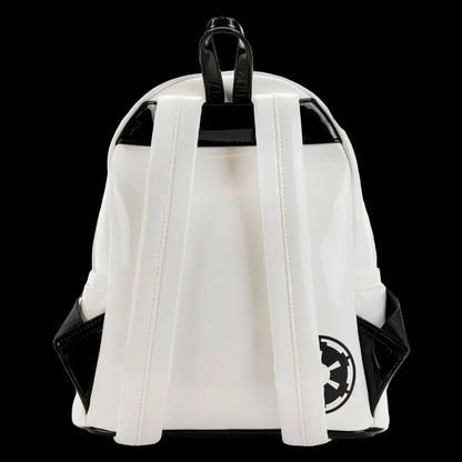 White backpack with black accents and a logo on a white background