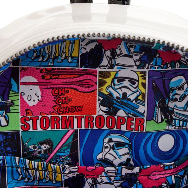 Colorful patchwork design with stormtrooper characters and text on a white background