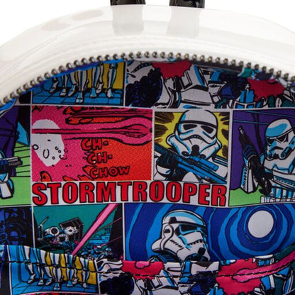 Colorful patchwork design with stormtrooper characters and text on a white background
