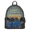 A black backpack featuring a graphic print of the 'Stranger Things' alphabet board and Eleven and other characters seen from behind, on a solid white background.