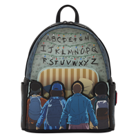 A black backpack featuring a graphic print of the 'Stranger Things' alphabet board and Eleven and other characters seen from behind, on a solid white background.