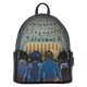 A black backpack featuring a graphic print of the 'Stranger Things' alphabet board and Eleven and other characters seen from behind, on a solid white background.