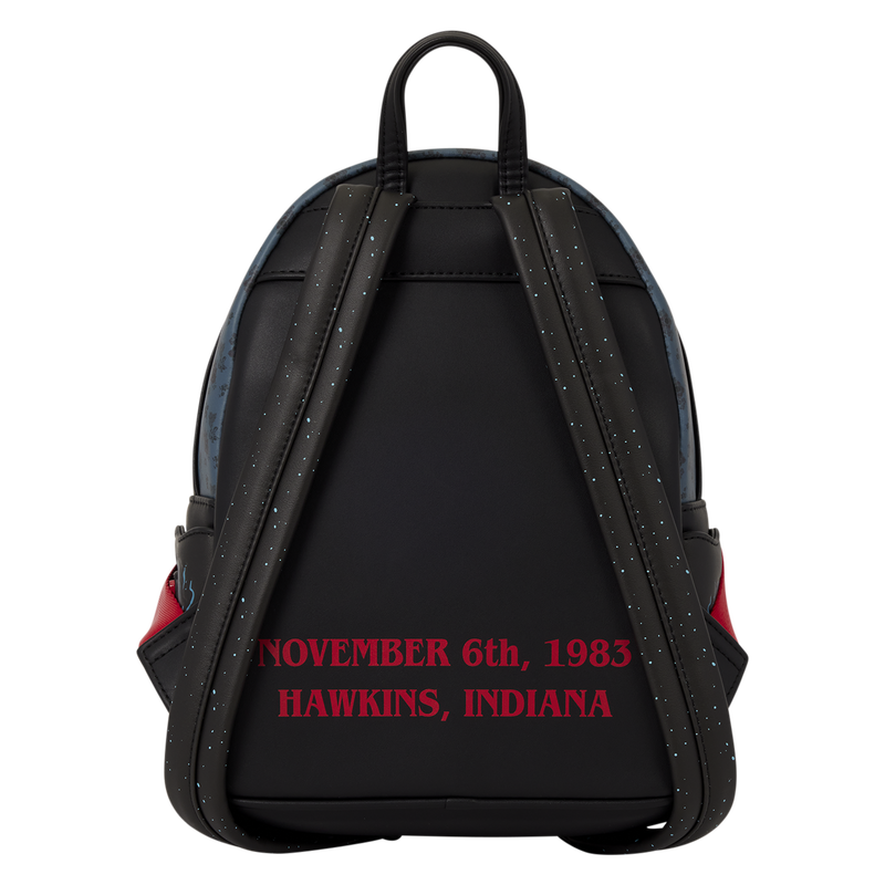 Black backpack shown from the back with red text reading 'NOVEMBER 6th, 1983 HAWKINS, INDIANA' on a white background.