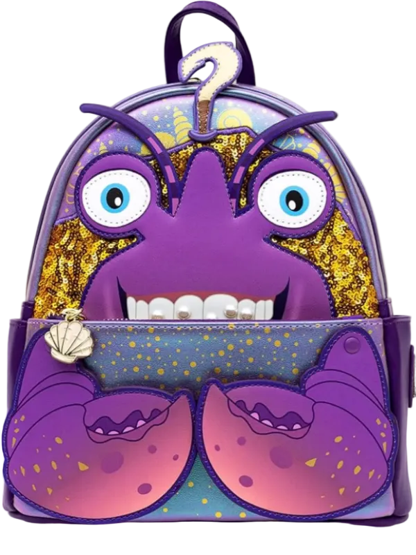 Purple monster-themed backpack with large eyes and a wide smile on a white background