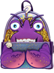 Purple monster-themed backpack with large eyes and a wide smile on a white background