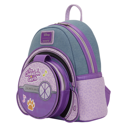 Backpack with purple and teal design featuring 'The Cheetah Girls' branding on a white background.
