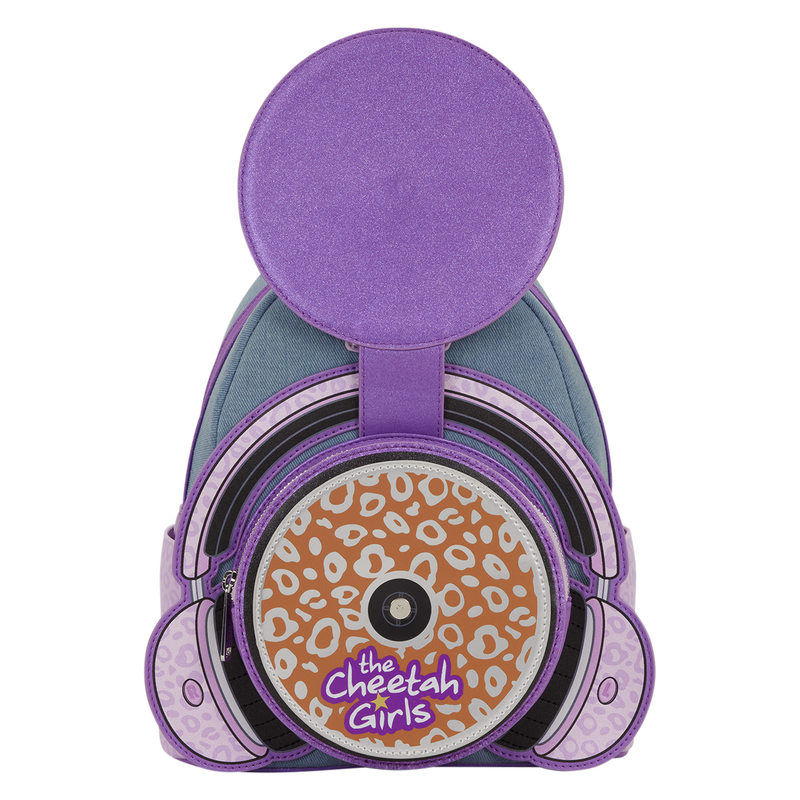 Purple and gray backpack with cheetah print design and 'The Cheetah Girls' logo on a white background