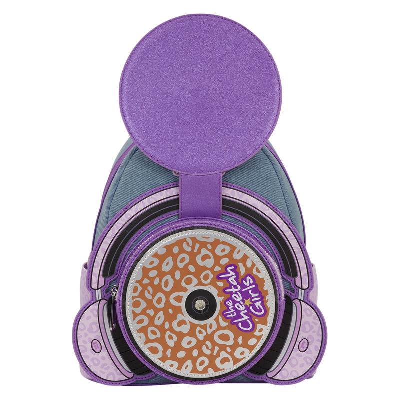 Purple and gray backpack with cheetah print design on a white background