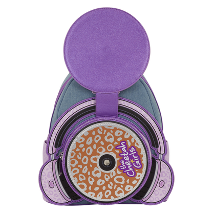 Purple and gray backpack with cheetah print design on a white background