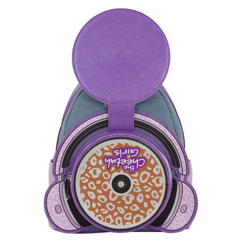 Purple and gray backpack with leopard print design on a white background