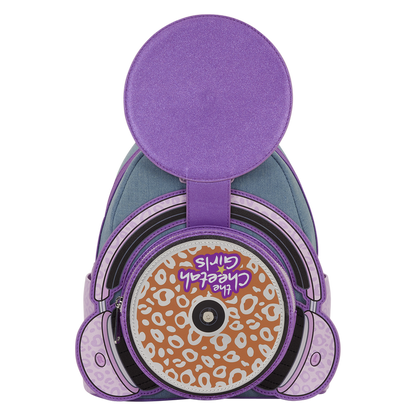 Purple and gray backpack with leopard print design on a white background