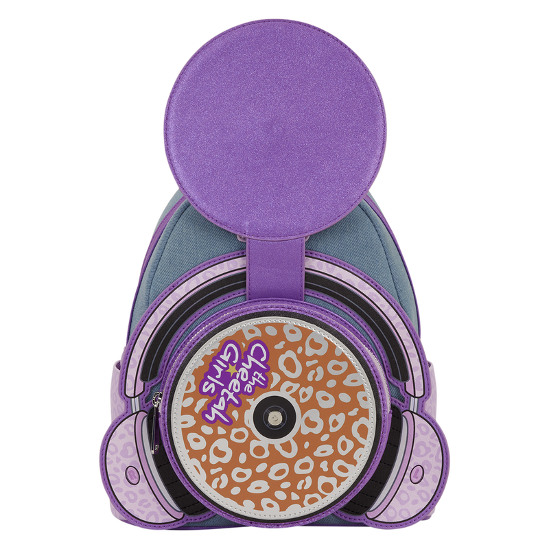Purple and gray backpack with leopard print design on a white background