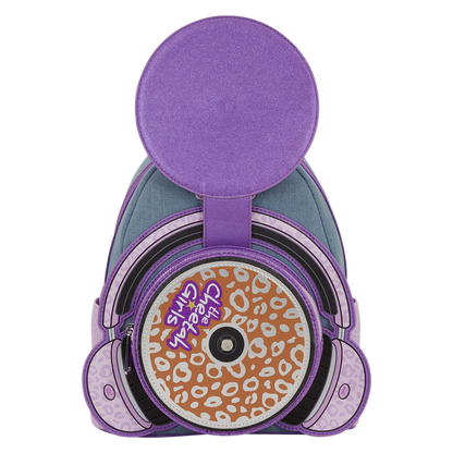 Purple and gray backpack with leopard print design on a white background