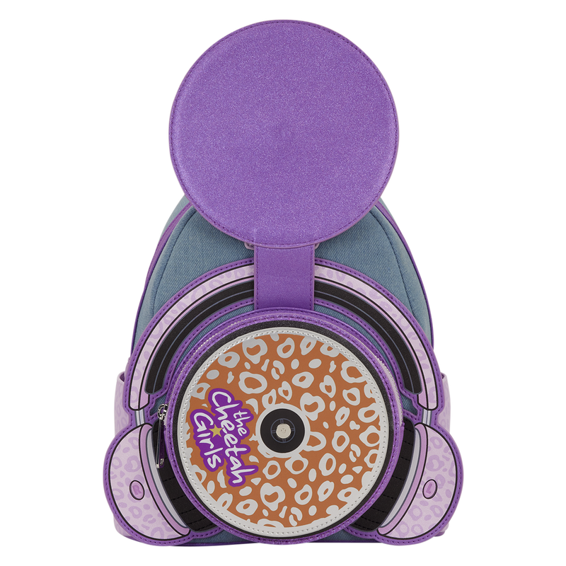 Backpack with purple and gray design resembling headphones, featuring 'Cheetah Girls' logo.