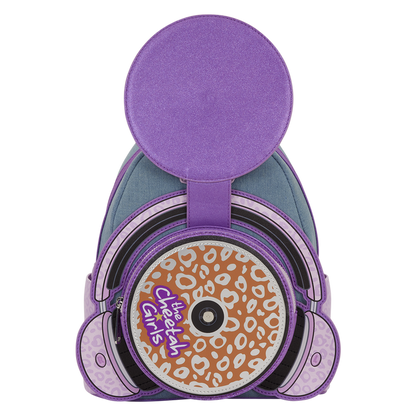 Backpack with purple and gray design resembling headphones, featuring 'Cheetah Girls' logo.