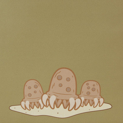 Illustration of three cartoonish brown creatures with white feet on a green background