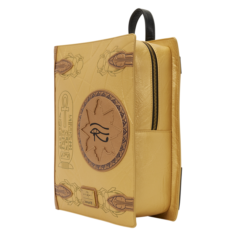 Beige leather bag with embossed designs and a zipper on a white background