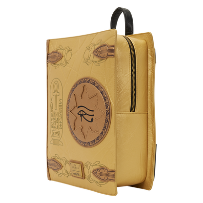 Beige leather bag with embossed designs and a zipper on a white background